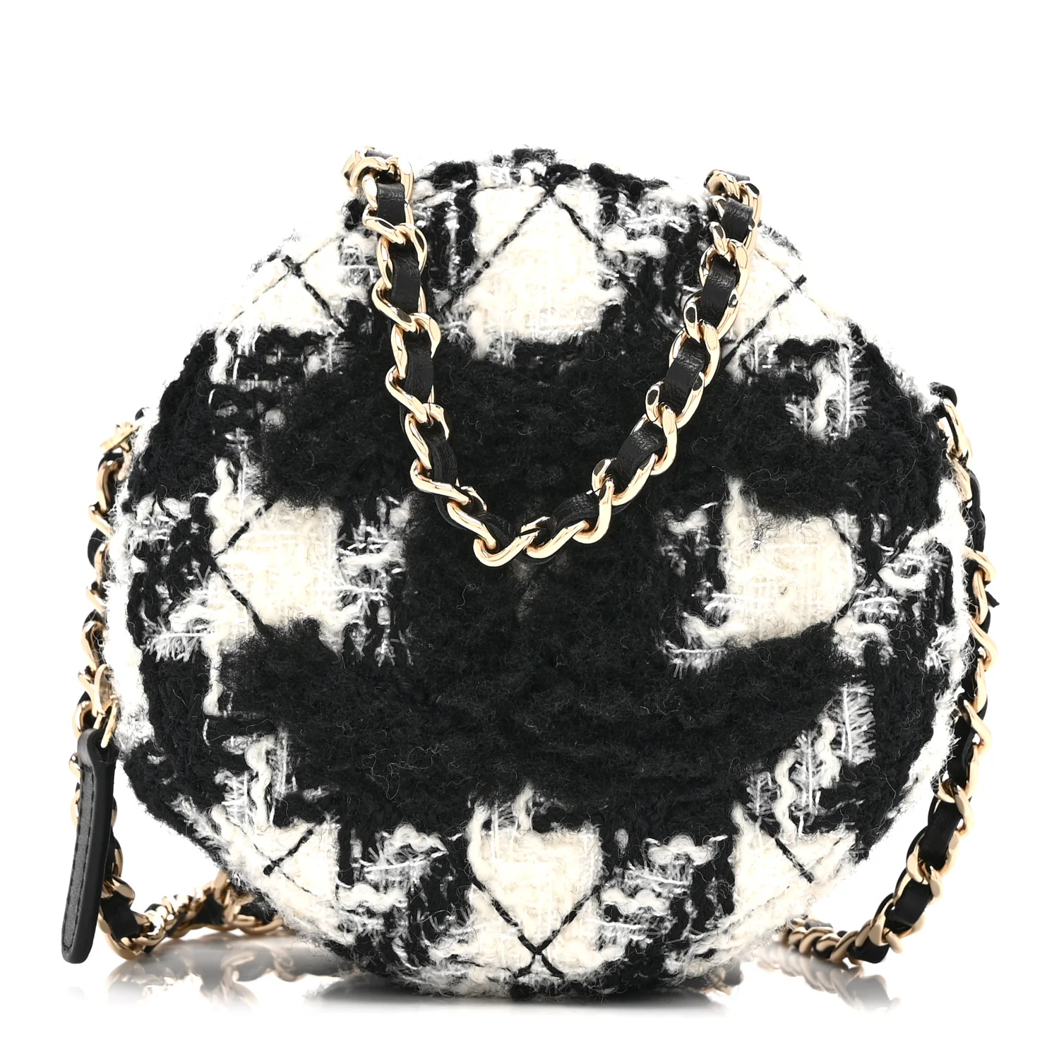 Wool Tweed Lambskin Quilted Round Clutch With Chain and Coin Purse Black White
