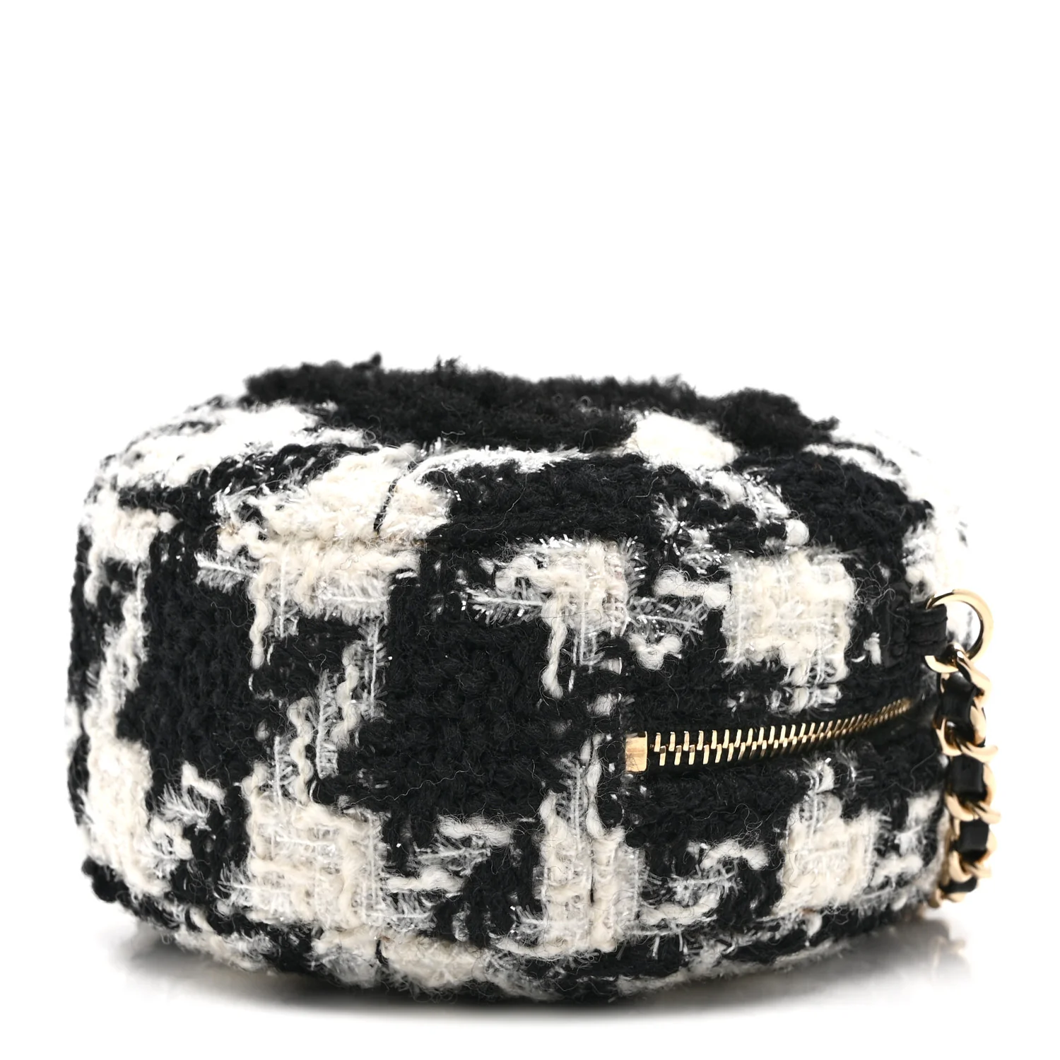 Wool Tweed Lambskin Quilted Round Clutch With Chain and Coin Purse Black White - Image 11