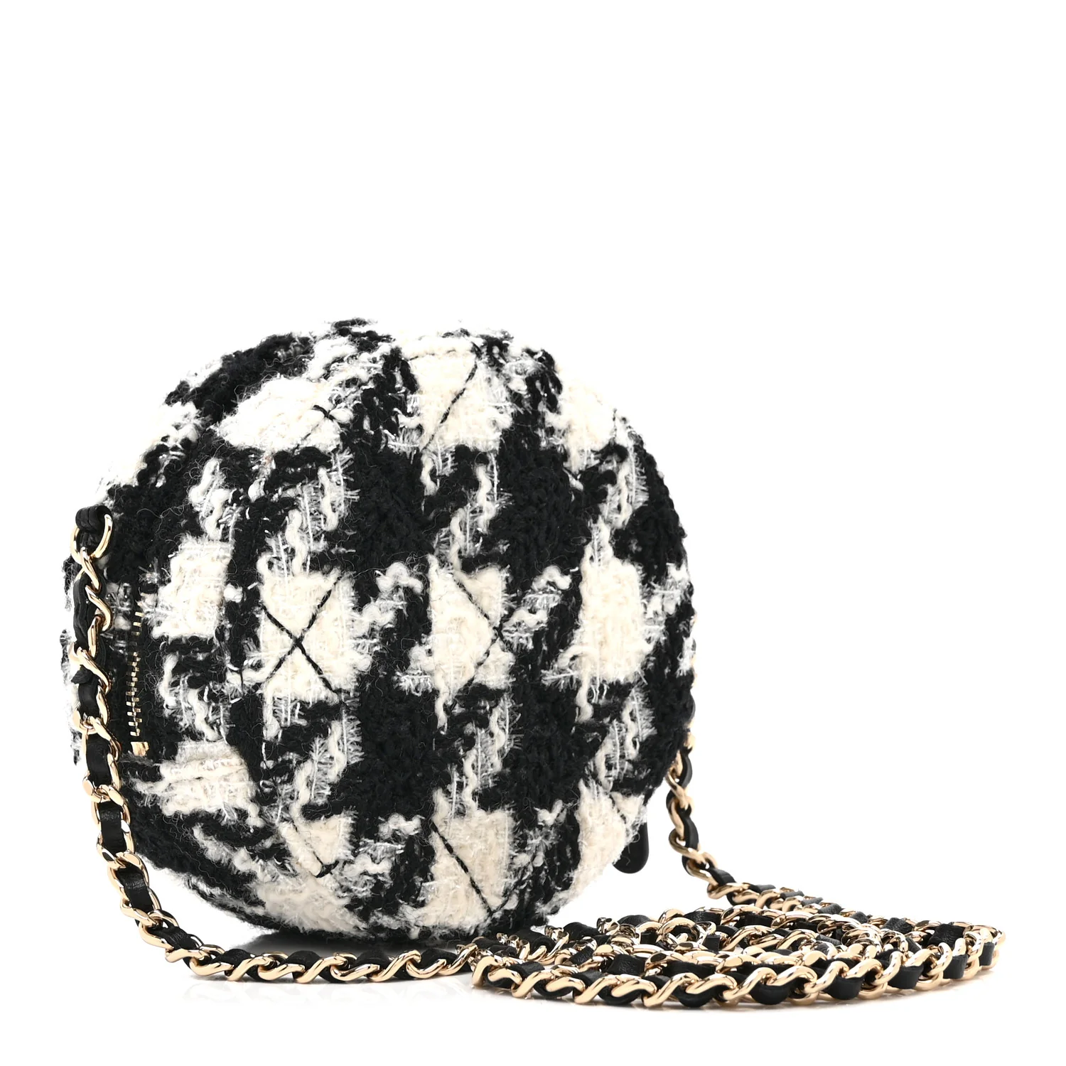 Wool Tweed Lambskin Quilted Round Clutch With Chain and Coin Purse Black White - Image 4
