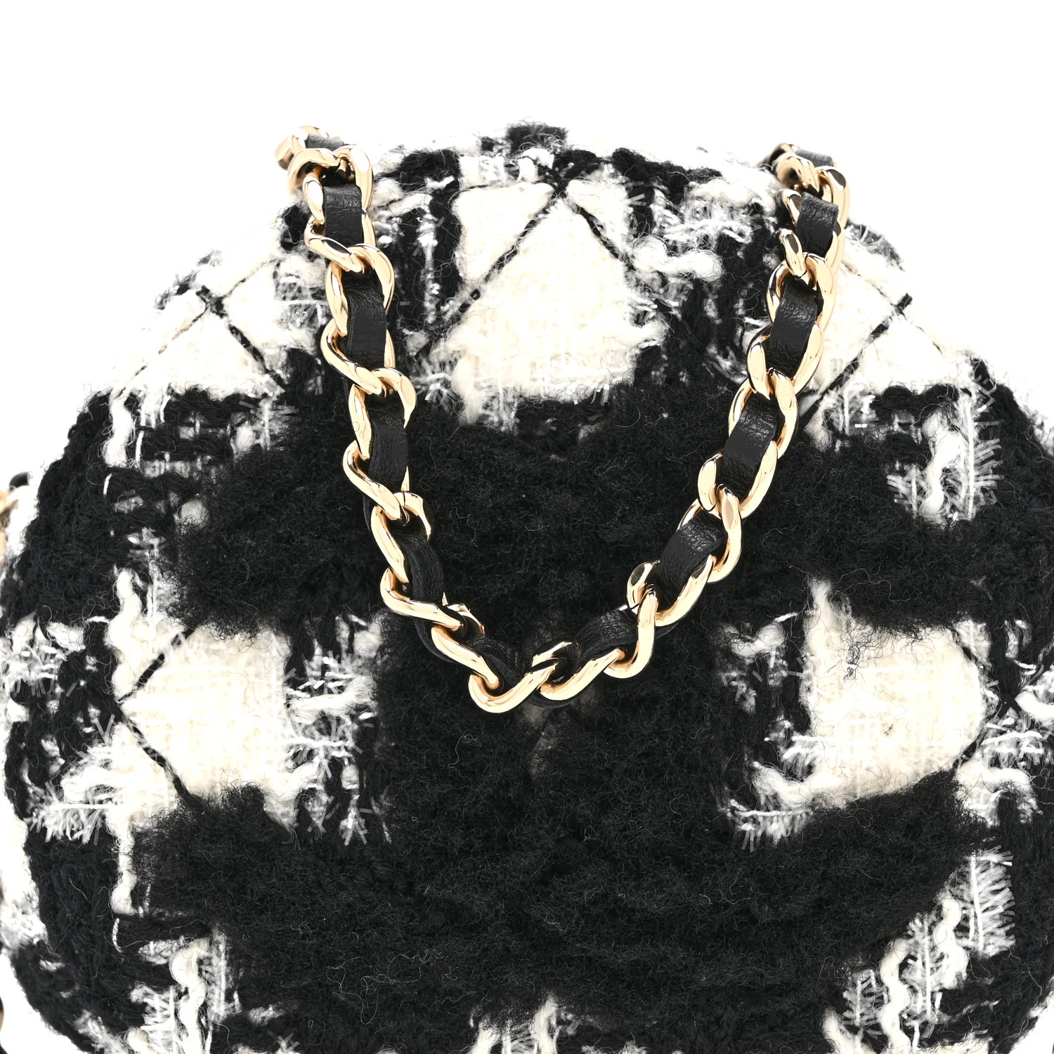 Wool Tweed Lambskin Quilted Round Clutch With Chain and Coin Purse Black White - Image 9