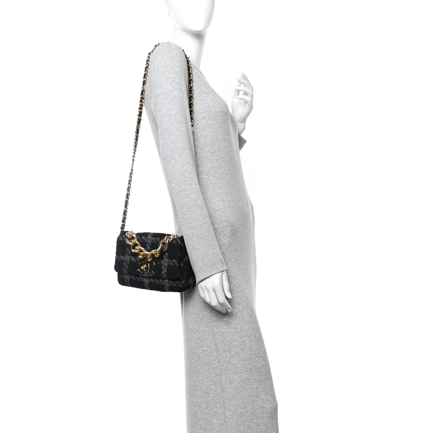 Wool Tweed Quilted Small Elegant Chain Flap Black Grey - Image 2