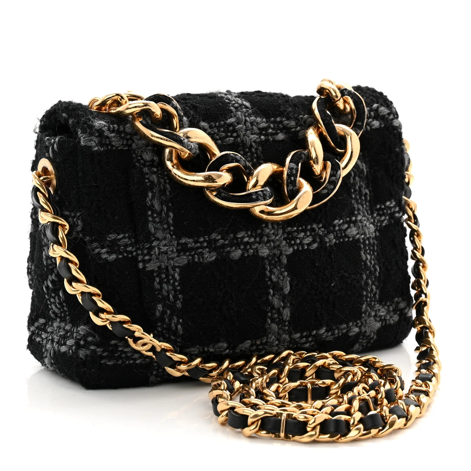 Wool Tweed Quilted Small Elegant Chain Flap Black Grey - Image 3