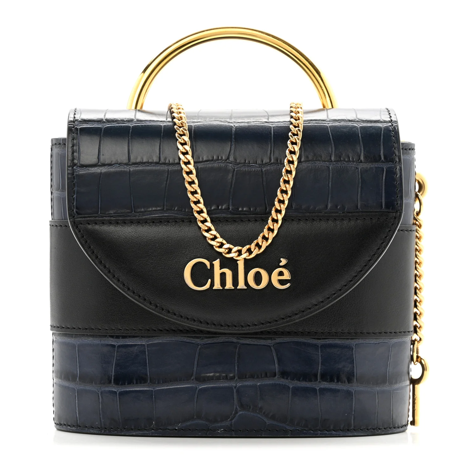 Calfskin Crocodile Embossed Small Aby Lock Full Blue