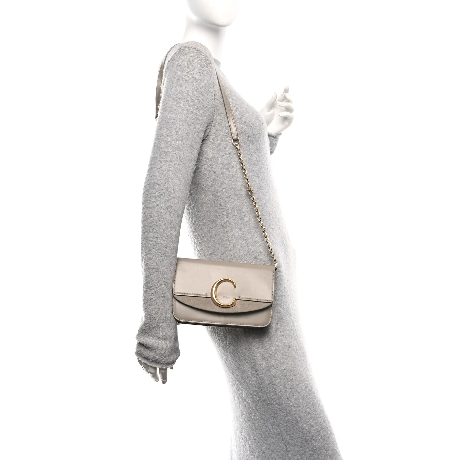Calfskin Suede C Clutch With Chain Motty Grey - Image 2