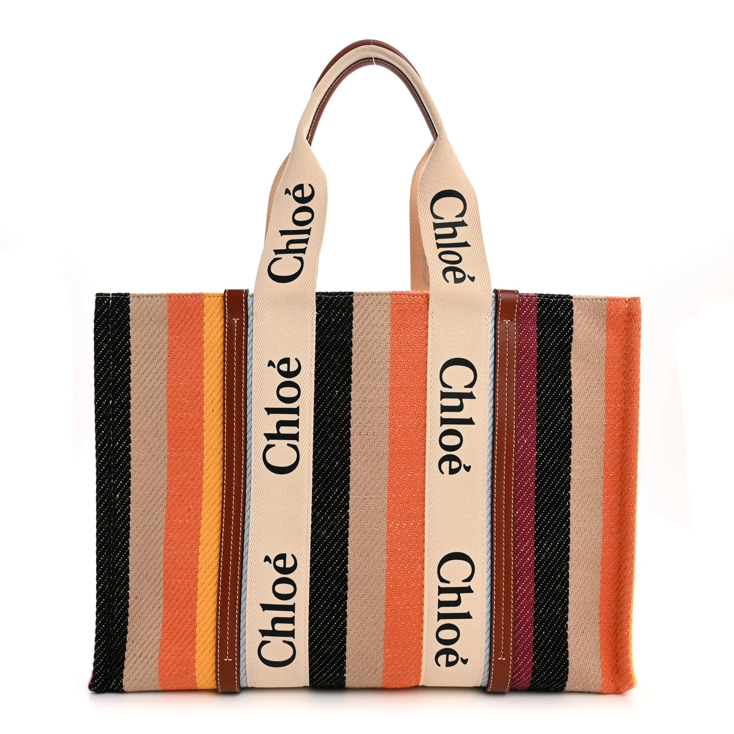 Cotton Calfskin Large Woody Striped Tote Multicolor