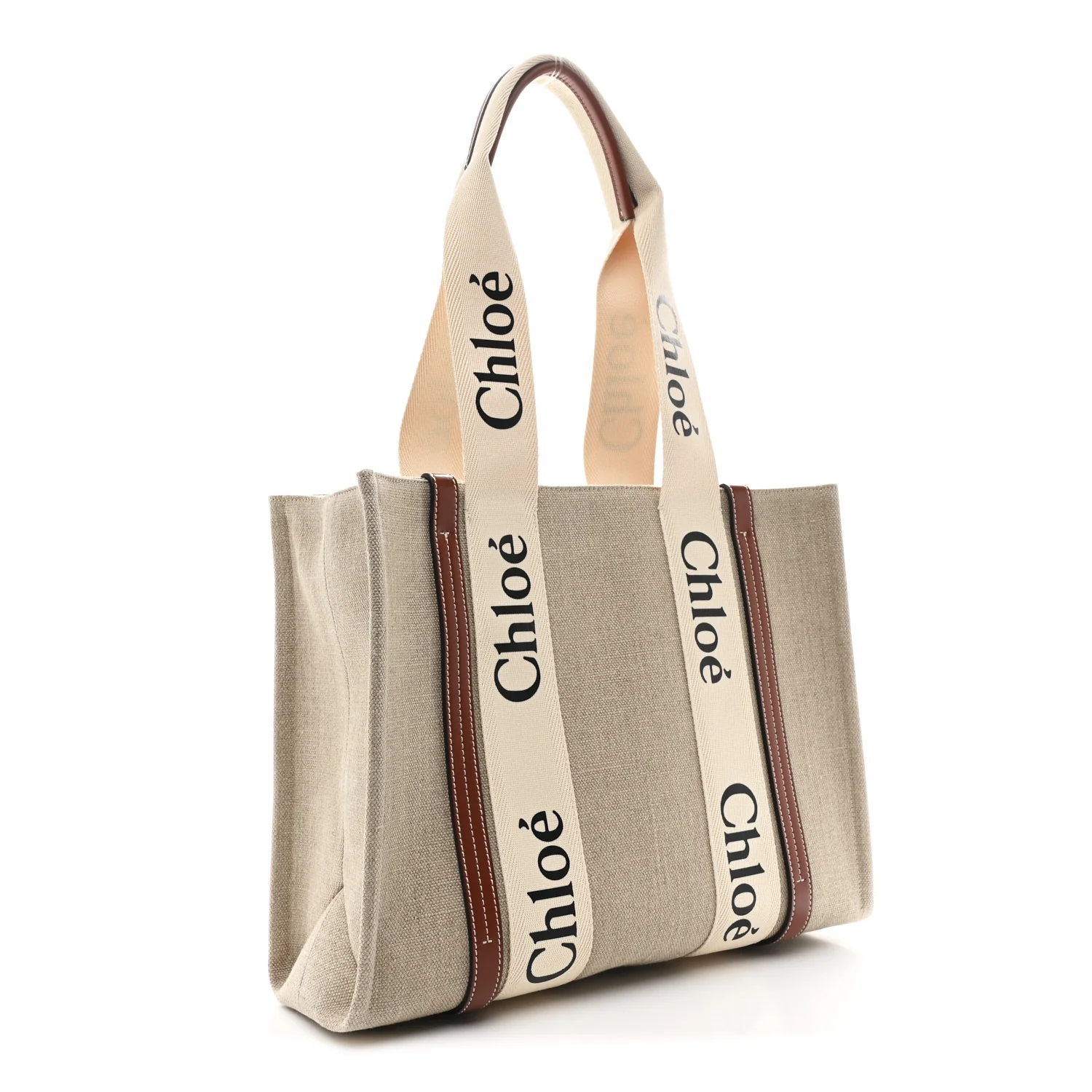 Cotton Calfskin Medium Woody Ribbon Tote White Brown - Image 3
