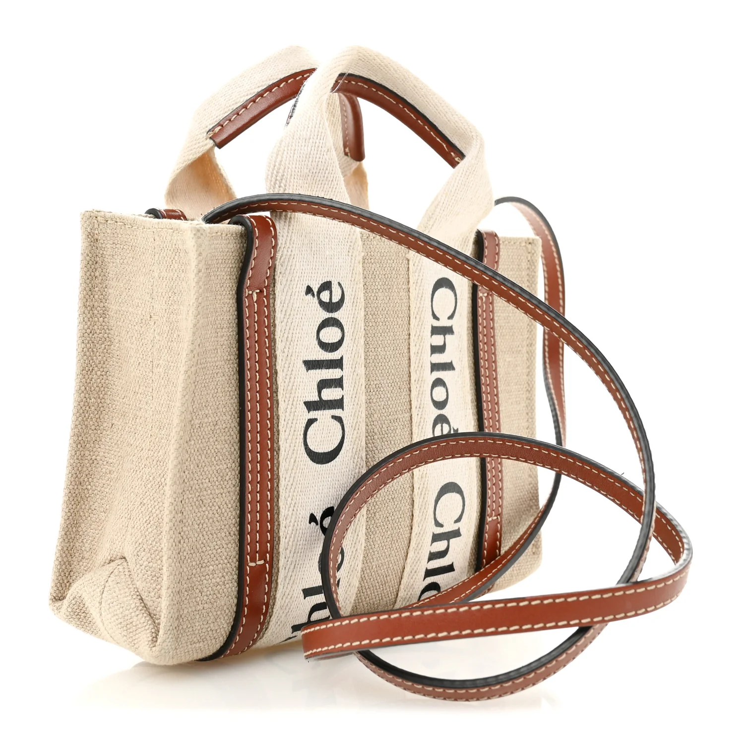 Cotton Calfskin Mini Woody Ribbon Tote White Brown - Image 3