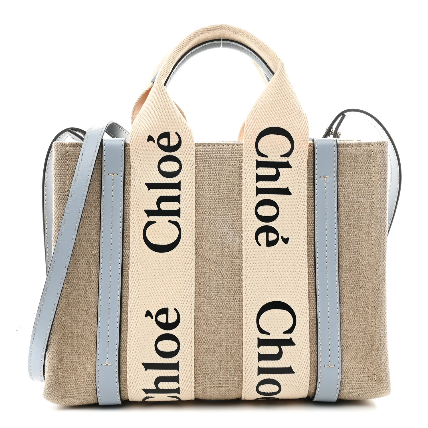 Cotton Calfskin Small Woody Ribbon Tote With Strap Light Blue