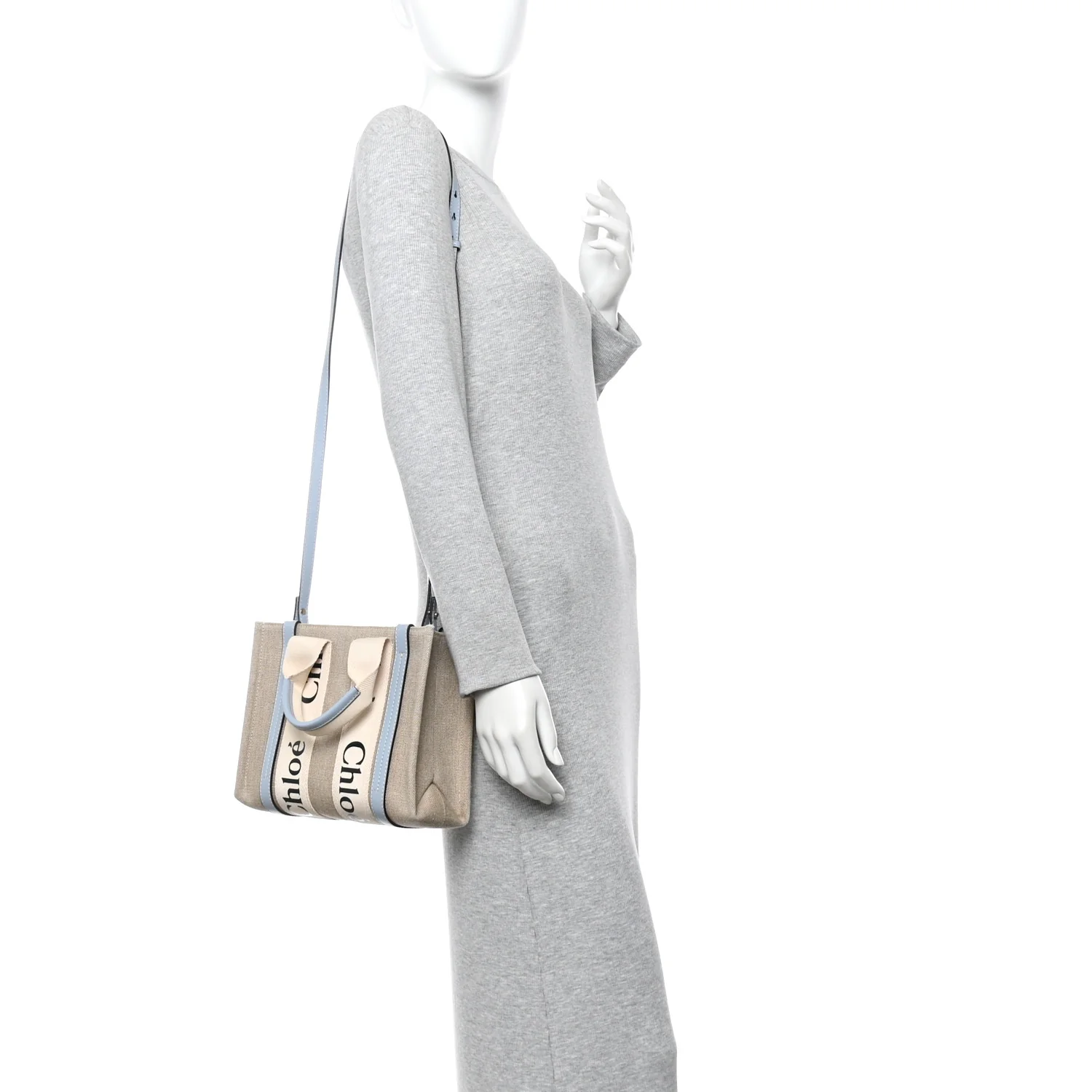 Cotton Calfskin Small Woody Ribbon Tote With Strap Light Blue - Image 2