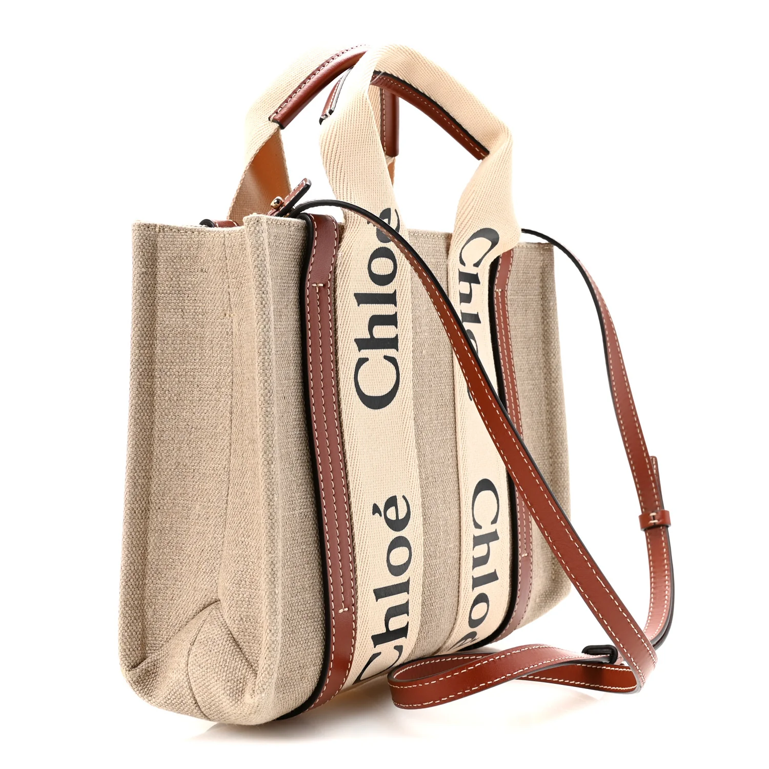 Cotton Calfskin Small Woody Ribbon Tote With Strap White Brown - Image 3