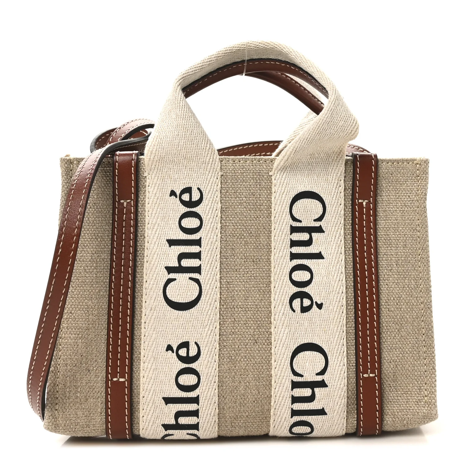 Cotton Calfskin Small Woody Ribbon Tote With Strap White Brown
