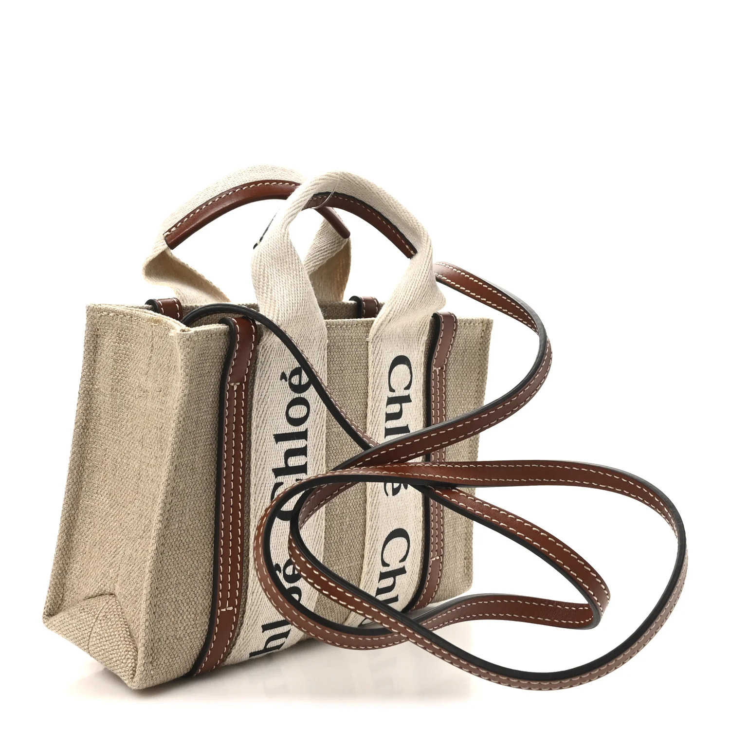 Cotton Calfskin Small Woody Ribbon Tote With Strap White Brown - Image 3