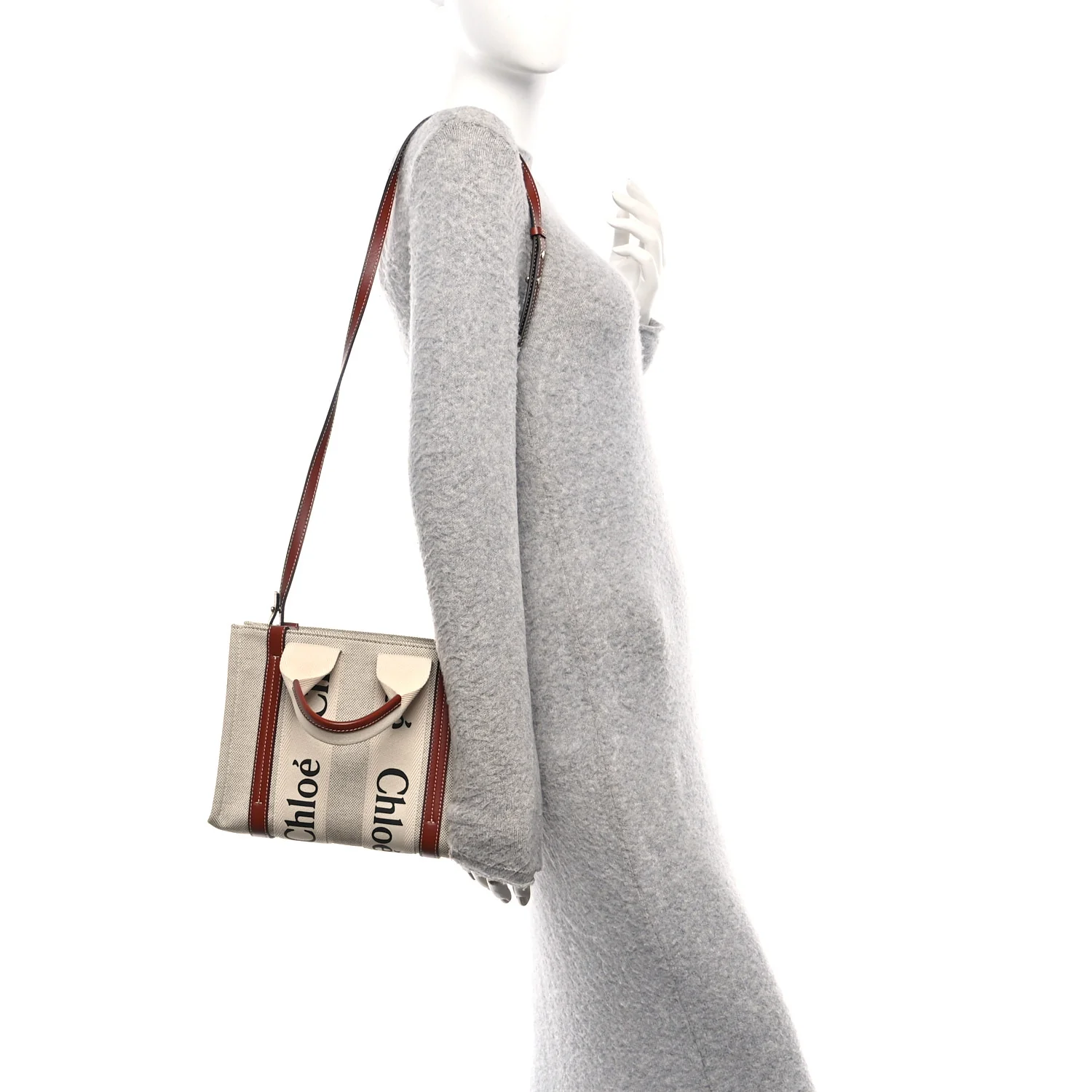 Cotton Calfskin Small Woody Ribbon Tote With Strap White Brown - Image 2
