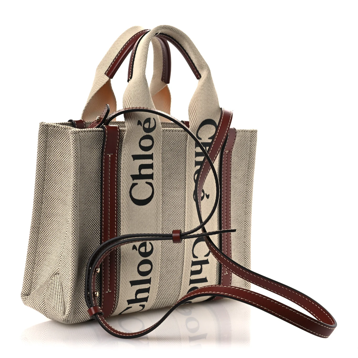 Cotton Calfskin Small Woody Ribbon Tote With Strap White Brown - Image 3