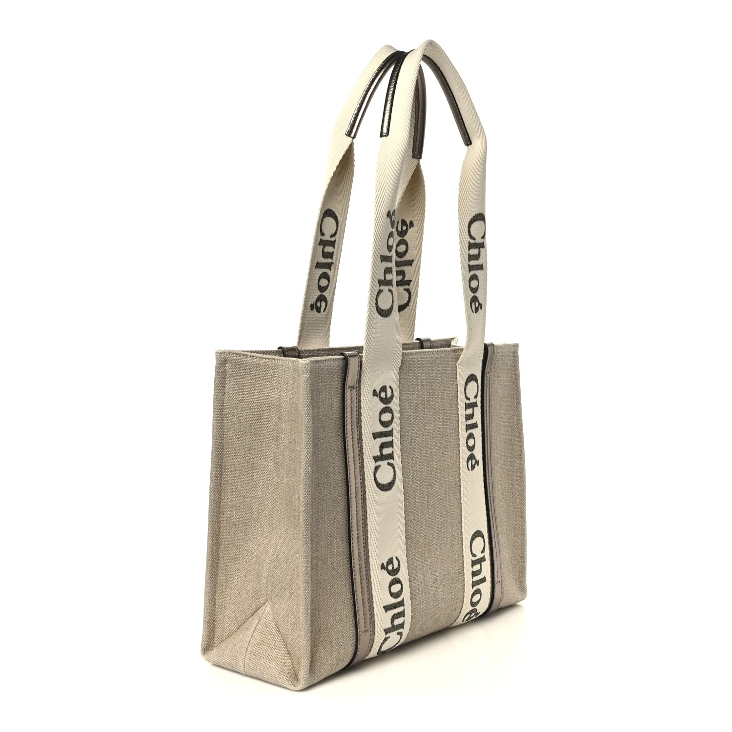 Cotton Metallic Calfskin Medium Woody Ribbon Tote Shiny Grey - Image 3