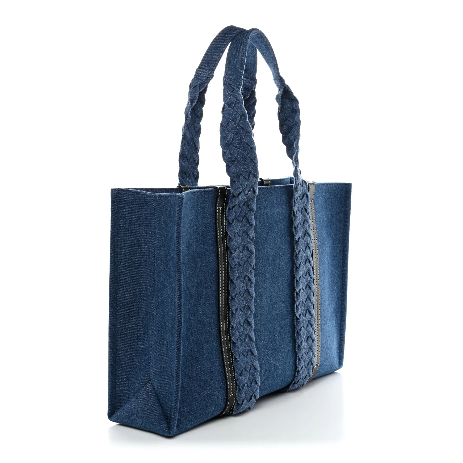Denim Calfskin Large Braided Woody Ribbon Tote Blue - Image 3