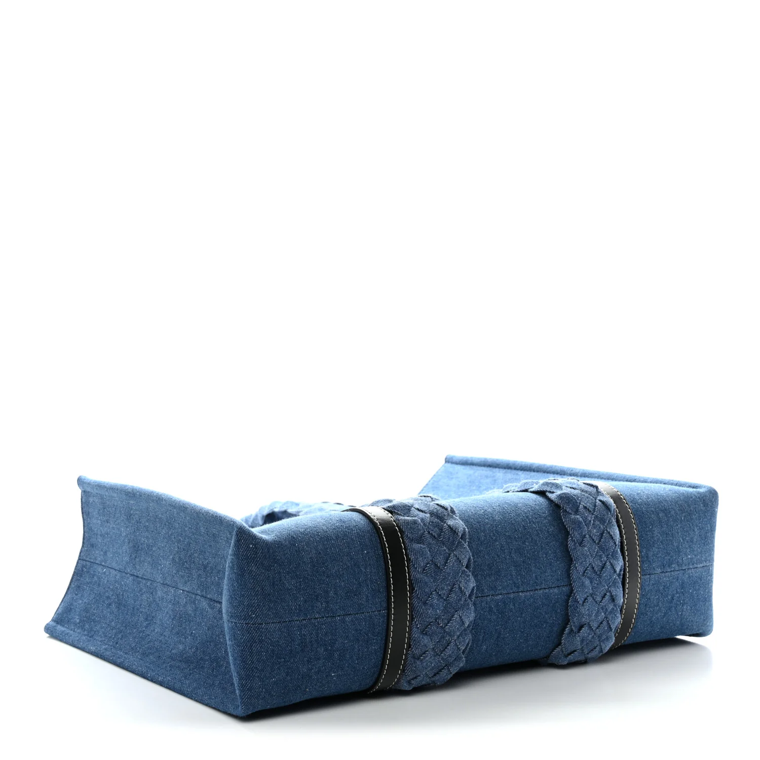 Denim Calfskin Large Braided Woody Ribbon Tote Blue - Image 4