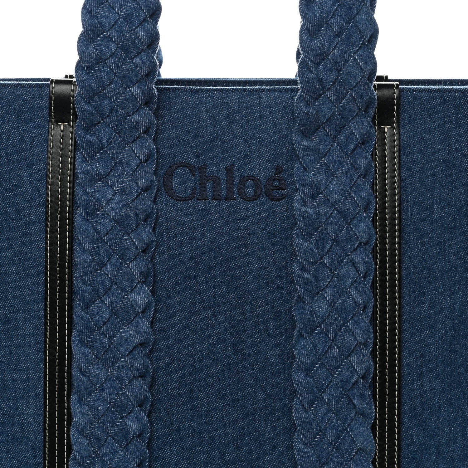 Denim Calfskin Large Braided Woody Ribbon Tote Blue - Image 8