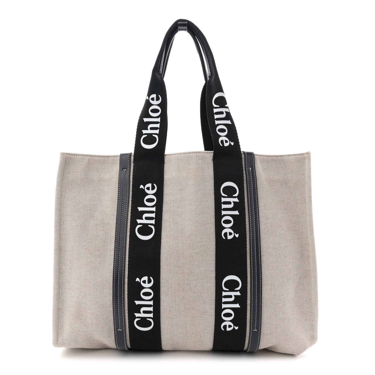 Linen Calfskin Large Woody Ribbon Tote Black Blue