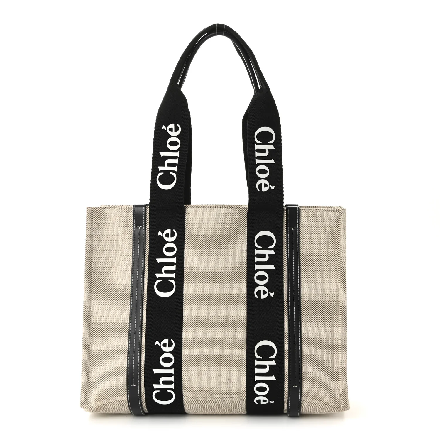 Linen Calfskin Medium Woody Ribbon Tote Black Blue