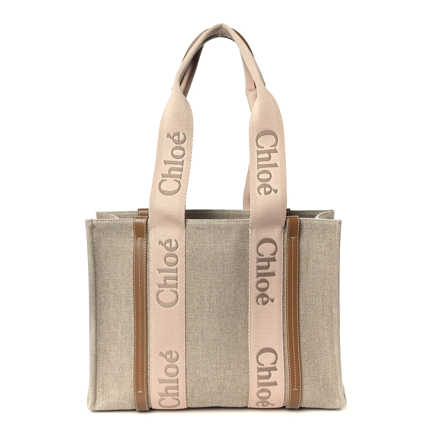 Linen Calfskin Medium Woody Ribbon Tote Blushy Beige