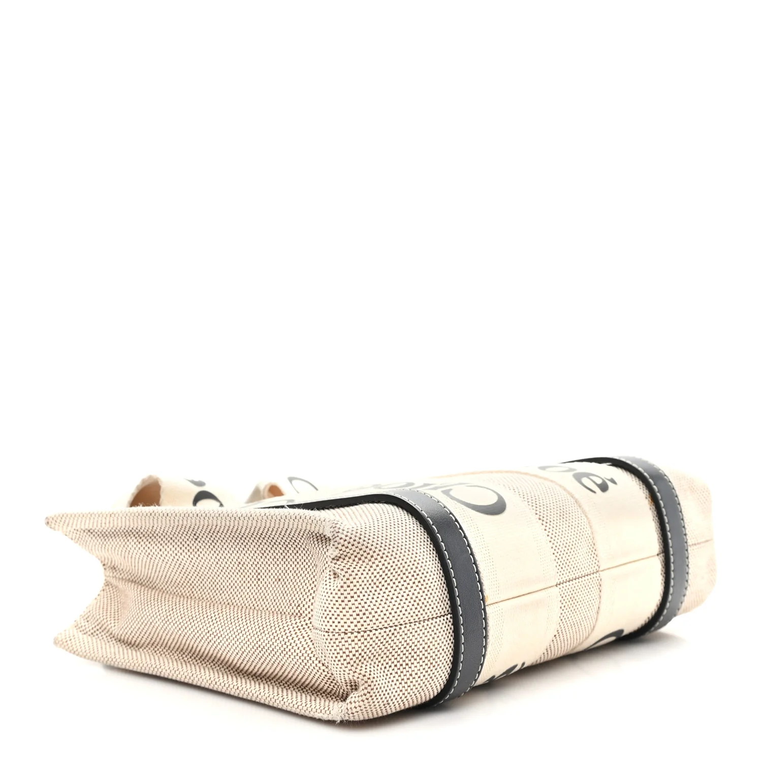 Linen Calfskin Small Woody Ribbon Tote With Strap White Navy - Image 4