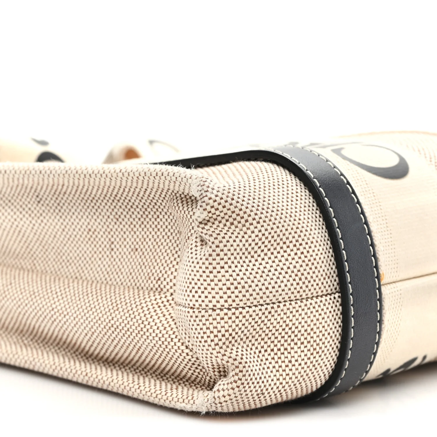 Linen Calfskin Small Woody Ribbon Tote With Strap White Navy - Image 9