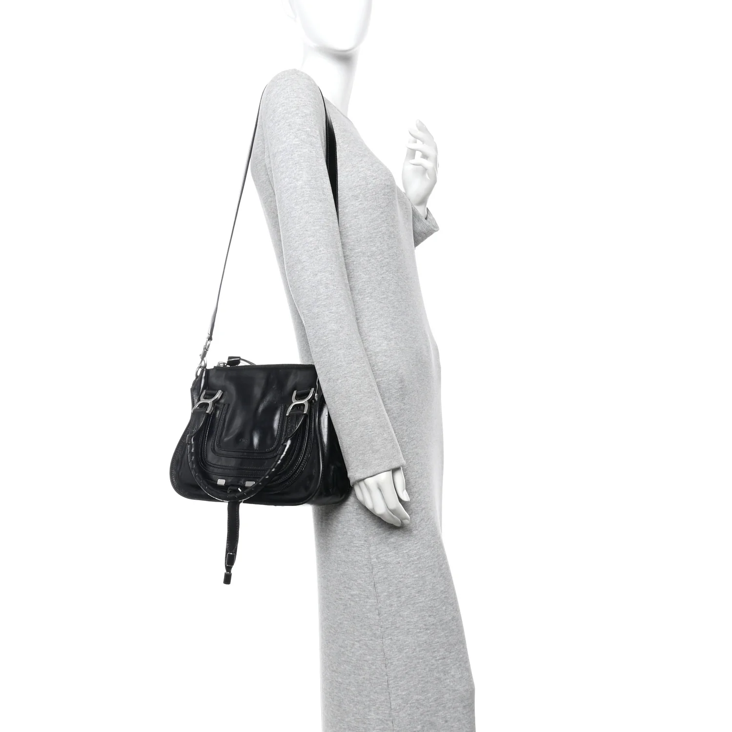 Natural Shiny Calfskin Small Marcie Satchel Black - Image 2