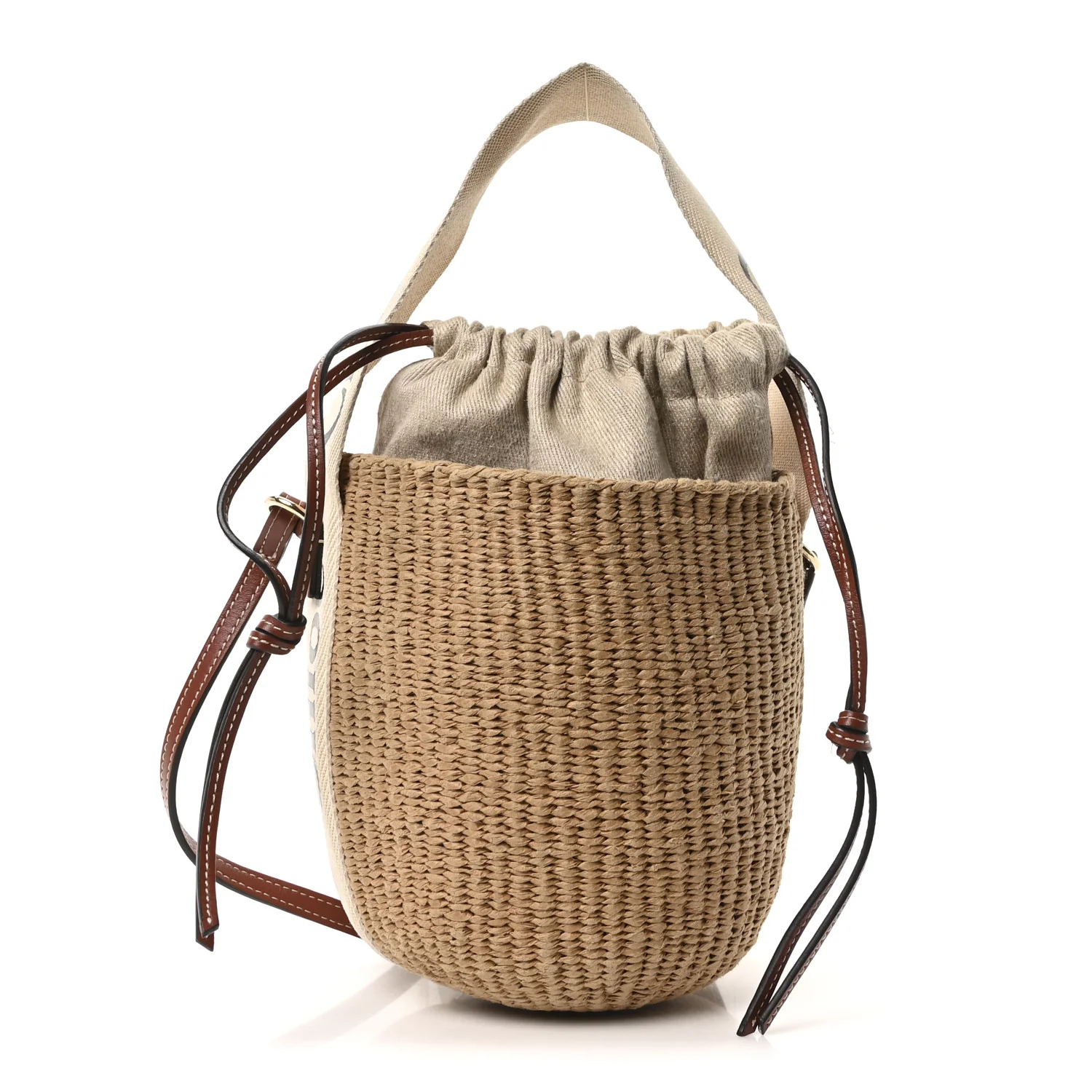 Raffia Calfskin Small Woody Basket Bag Brown