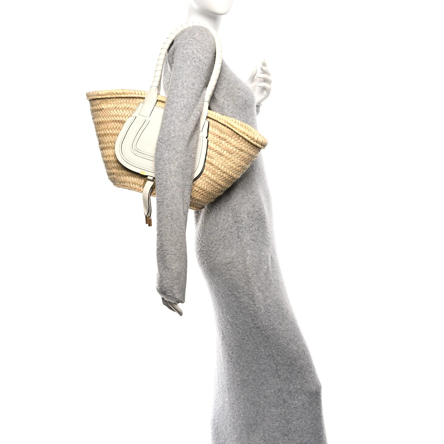 Raffia Grain Calfskin Medium Marcie Basket White - Image 2