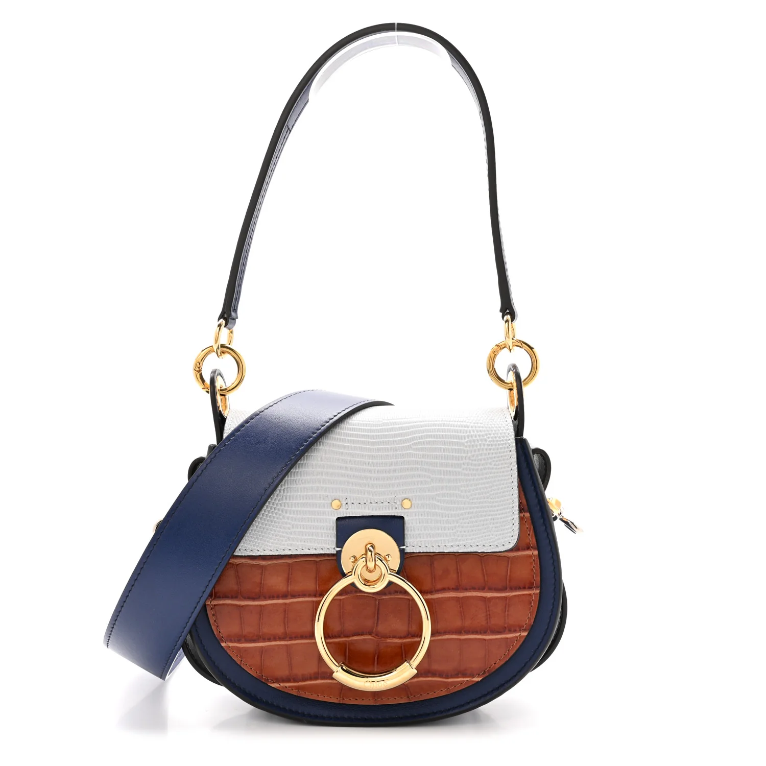 Shiny Calfskin Crocodile Embossed Small Tess Bag Blue Brown