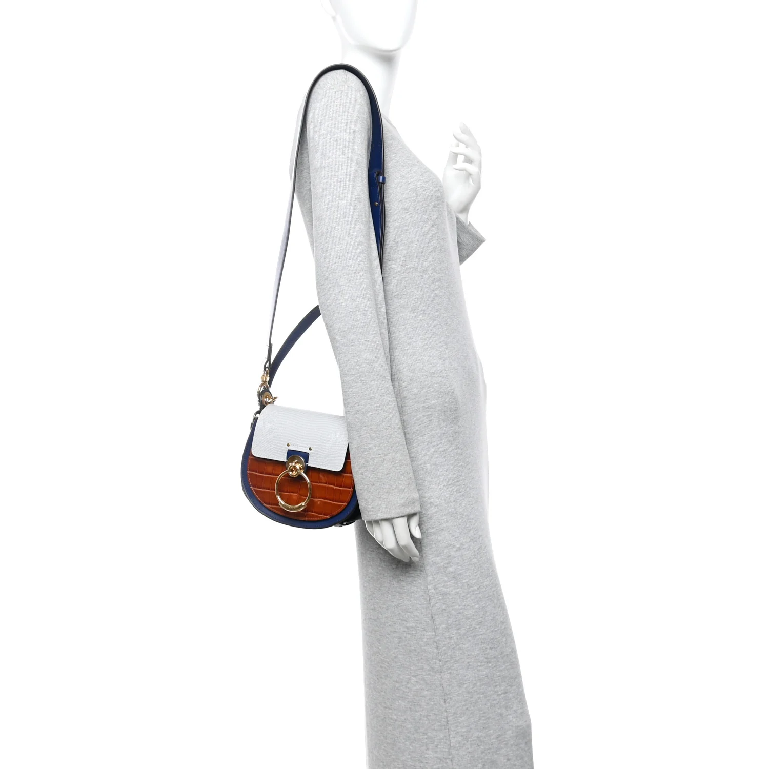 Shiny Calfskin Crocodile Embossed Small Tess Bag Blue Brown - Image 2