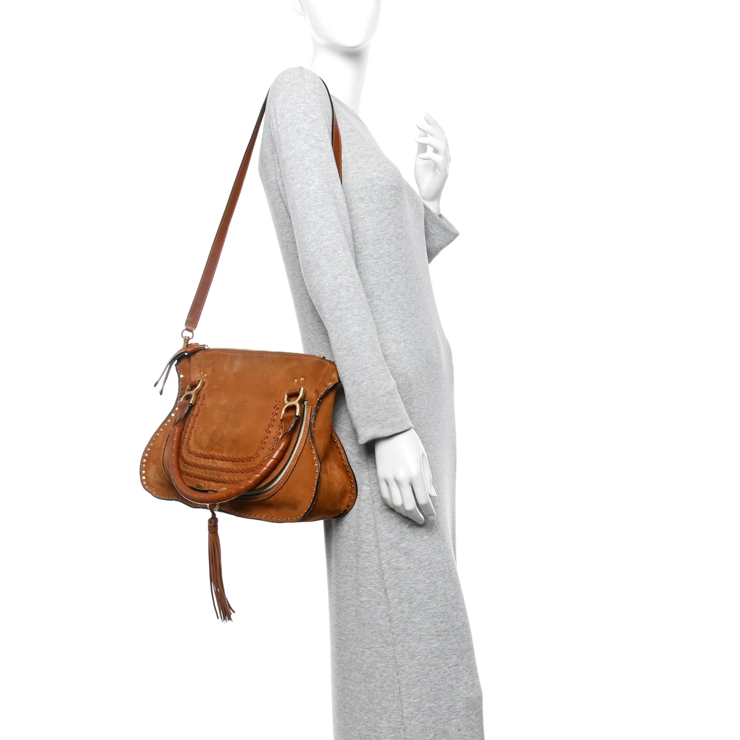 Suede Calfskin Braided Medium Marcie Satchel Caramel - Image 2