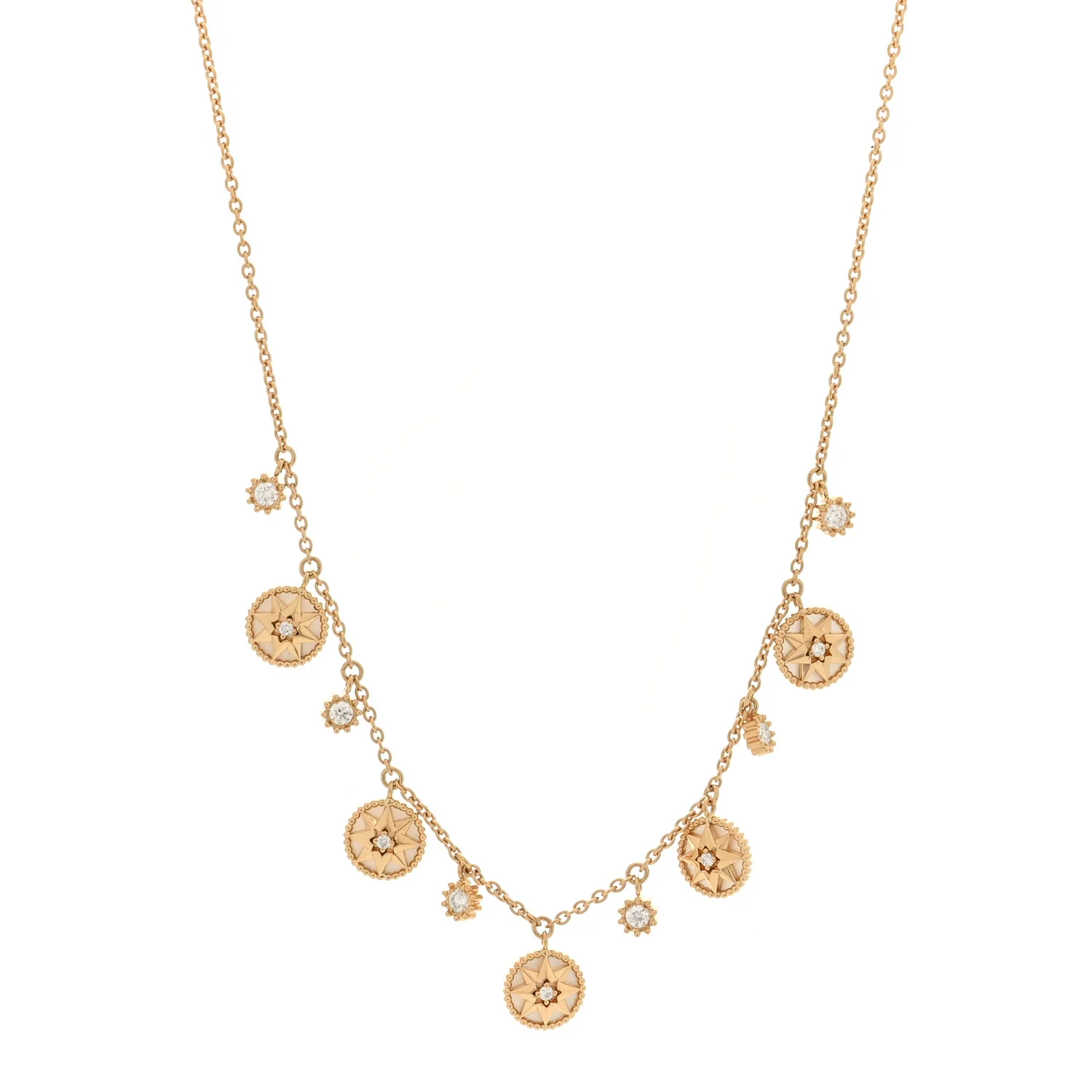 18K Yellow Gold Diamond Mother of Pearl Rose Des Vents 5-Station Necklace