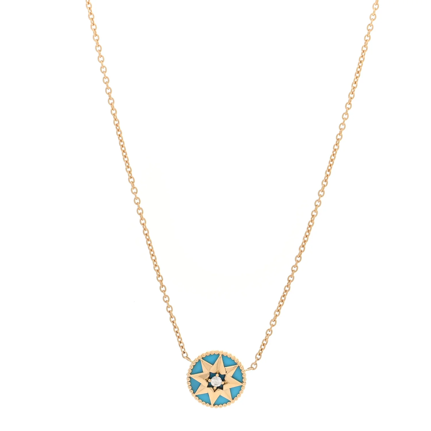 18K Yellow Gold Diamond Turquoise Rose Des Vents Necklace