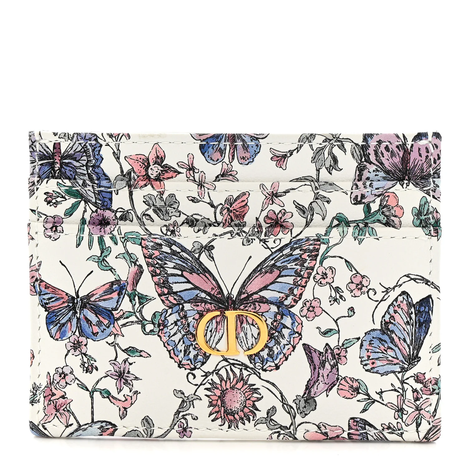 Calfskin Butterfly Printed Caro Five-Slot Card Holder White Multicolor