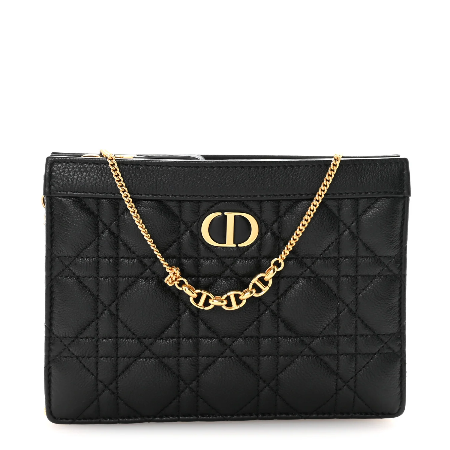 Calfskin Cannage Caro Zipped Pouch With Chain Black