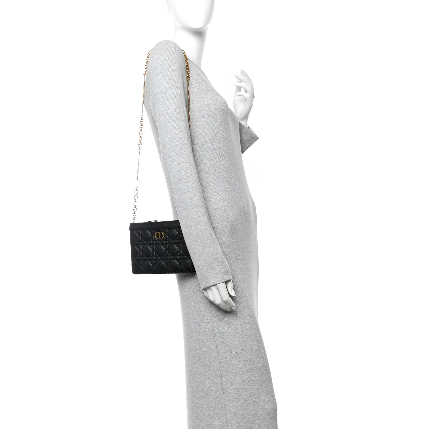 Calfskin Cannage Caro Zipped Pouch With Chain Black - Image 2