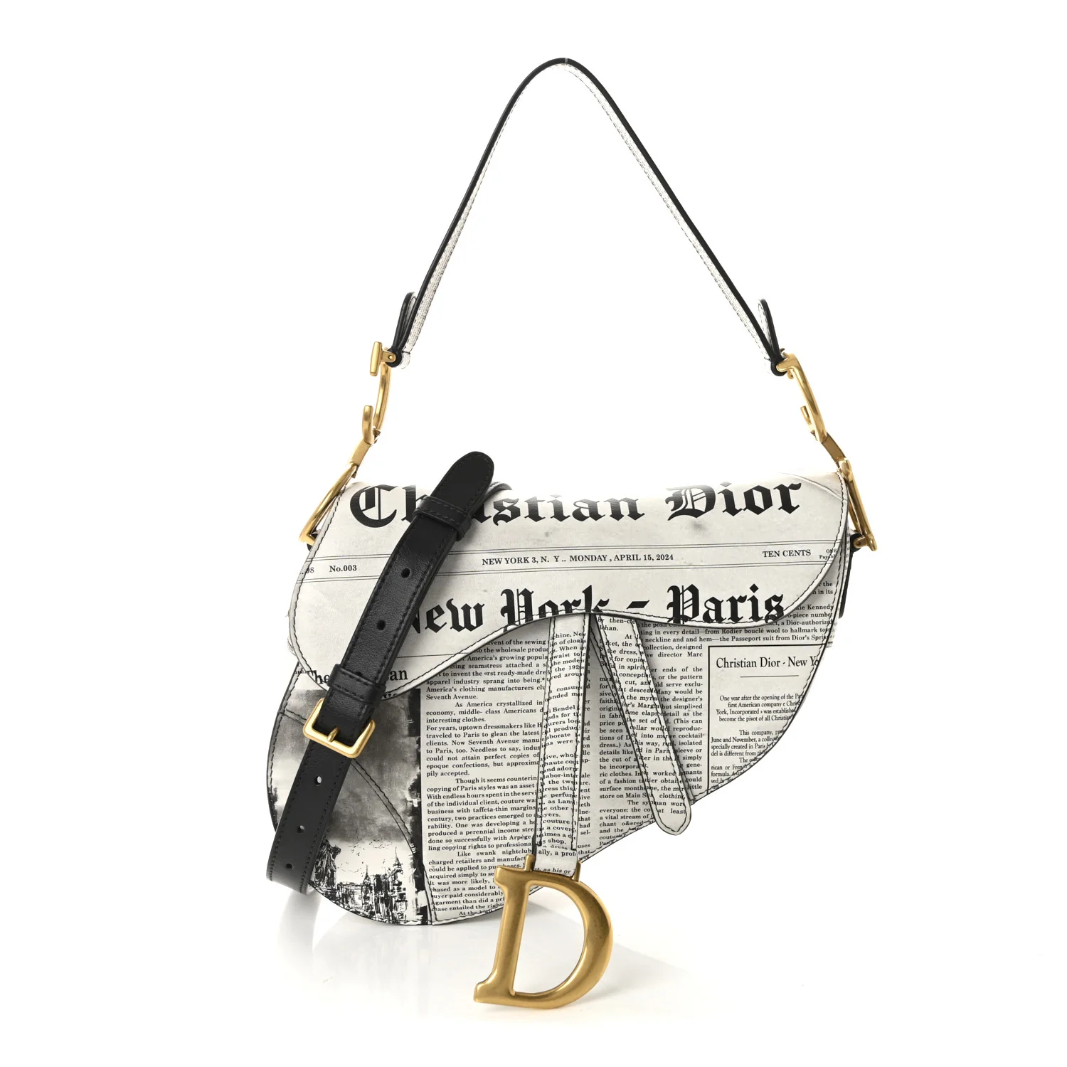Calfskin Newspaper Printed Saddle Bag With Strap Black White