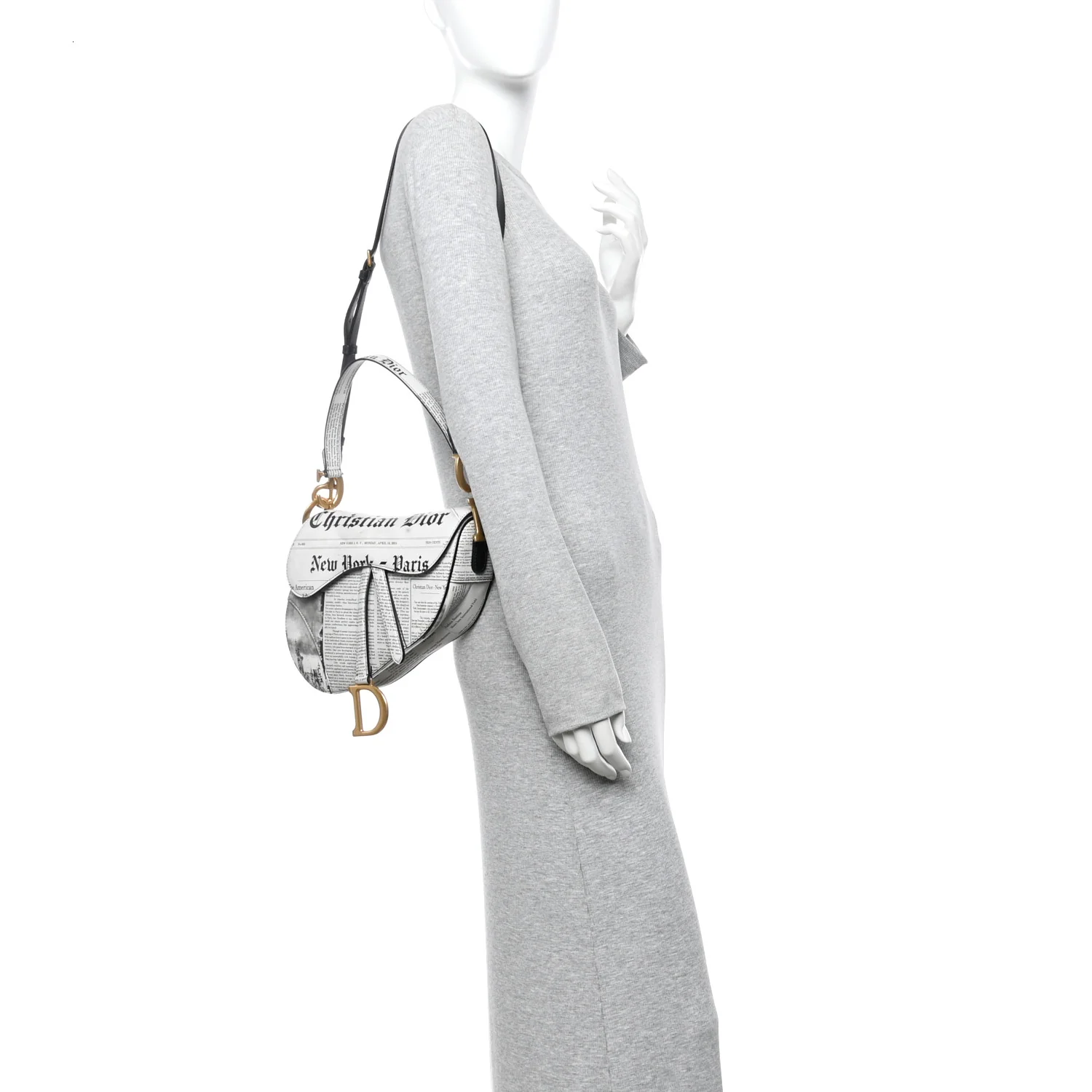 Calfskin Newspaper Printed Saddle Bag With Strap Black White - Image 2