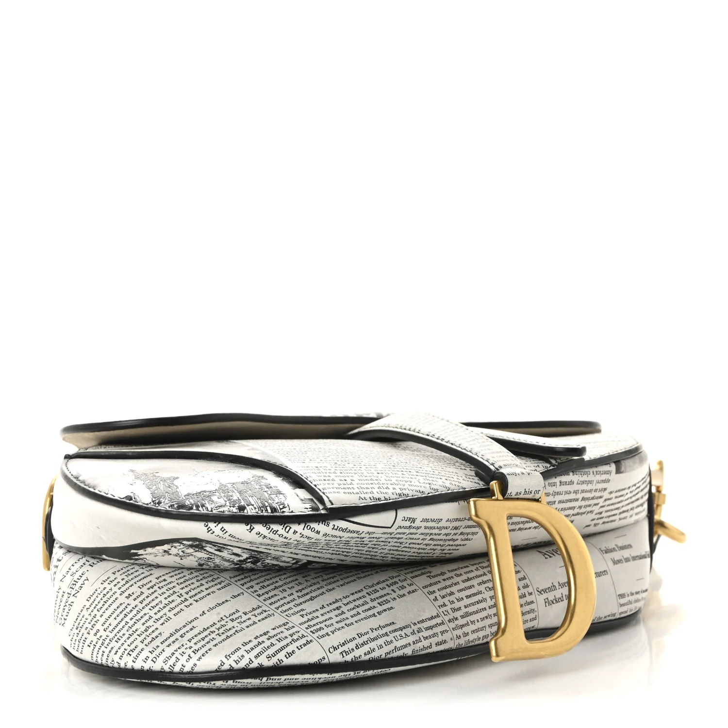 Calfskin Newspaper Printed Saddle Bag With Strap Black White - Image 4