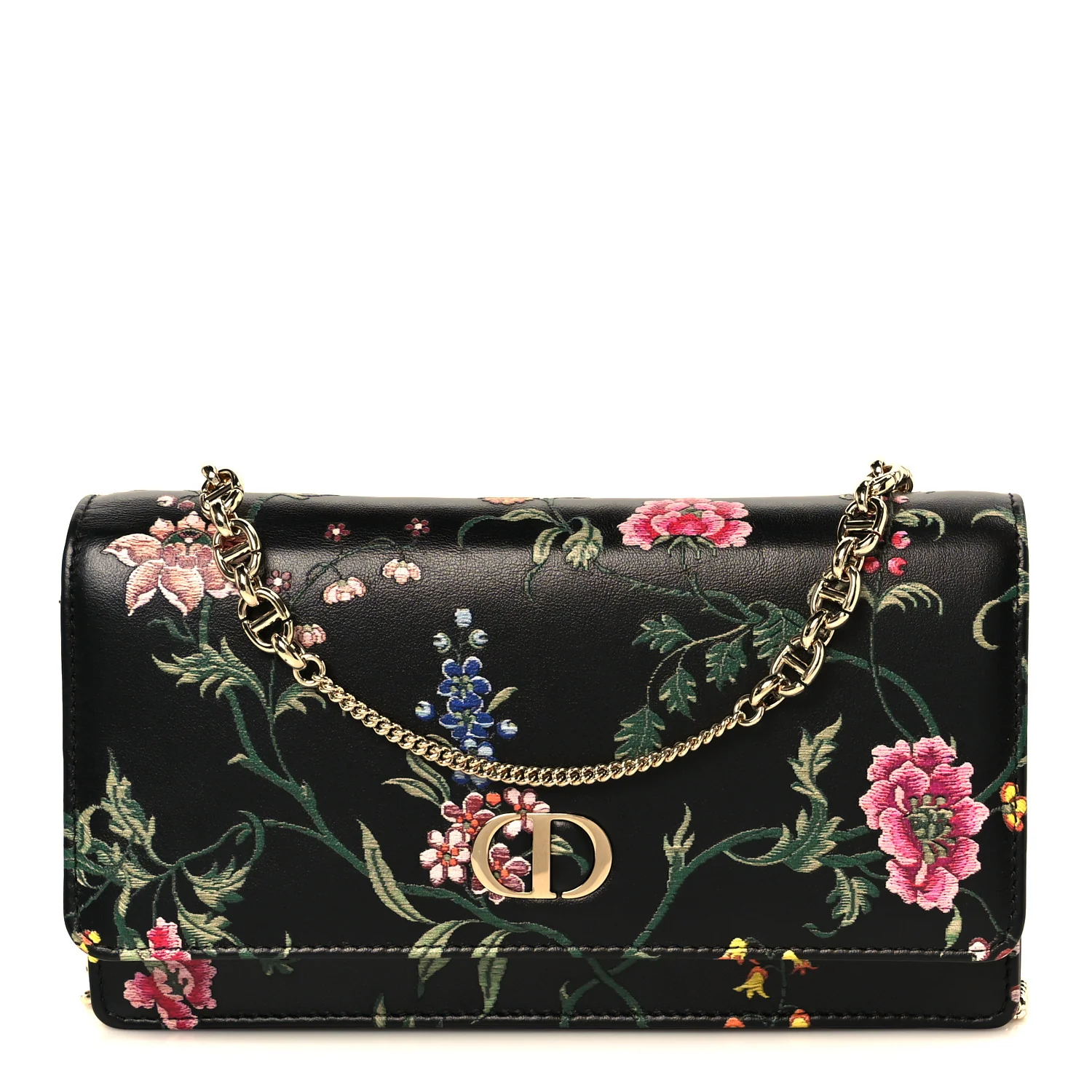 Calfskin Petites Fleurs Print Caro Pouch With Chain Black Multicolor