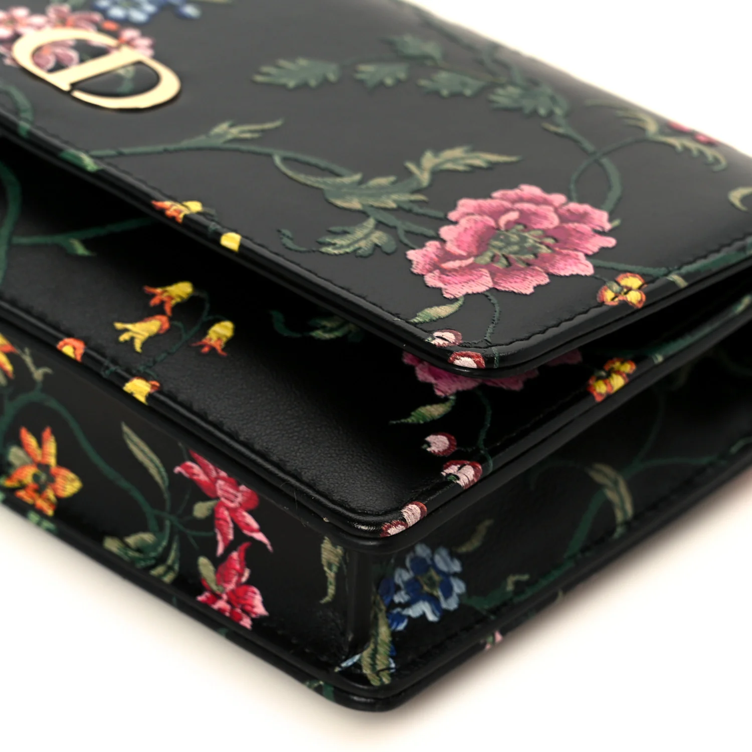 Calfskin Petites Fleurs Print Caro Pouch With Chain Black Multicolor - Image 10