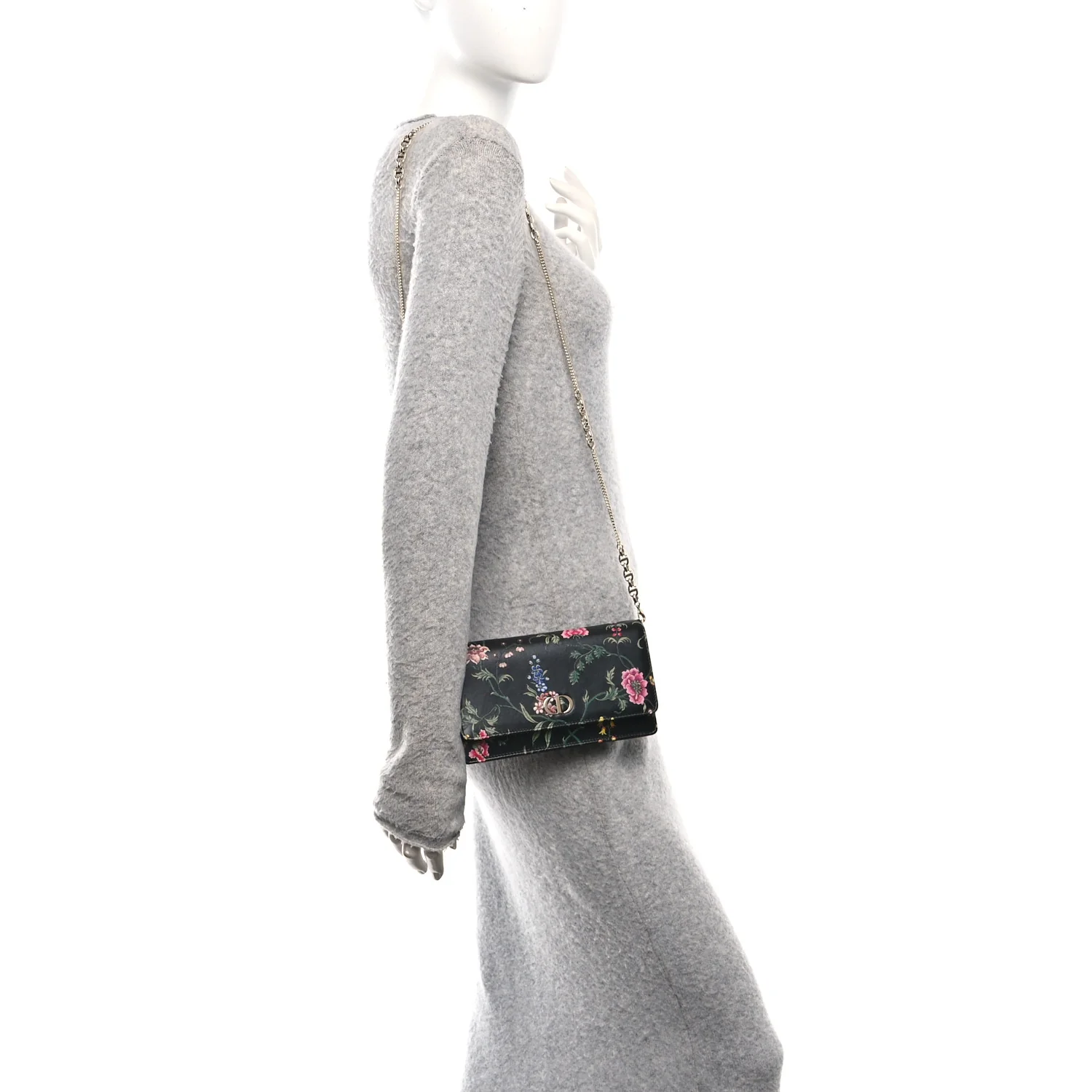 Calfskin Petites Fleurs Print Caro Pouch With Chain Black Multicolor - Image 2