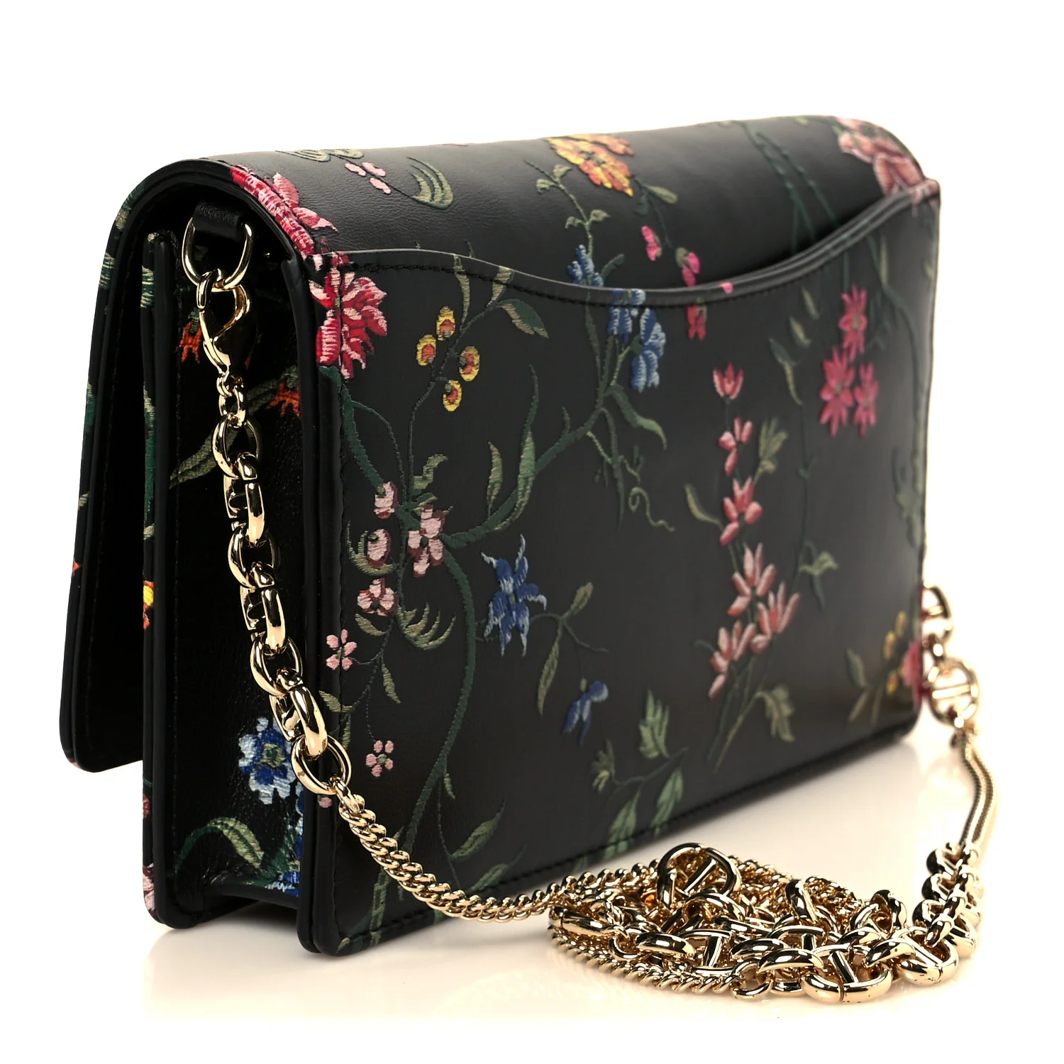 Calfskin Petites Fleurs Print Caro Pouch With Chain Black Multicolor - Image 3