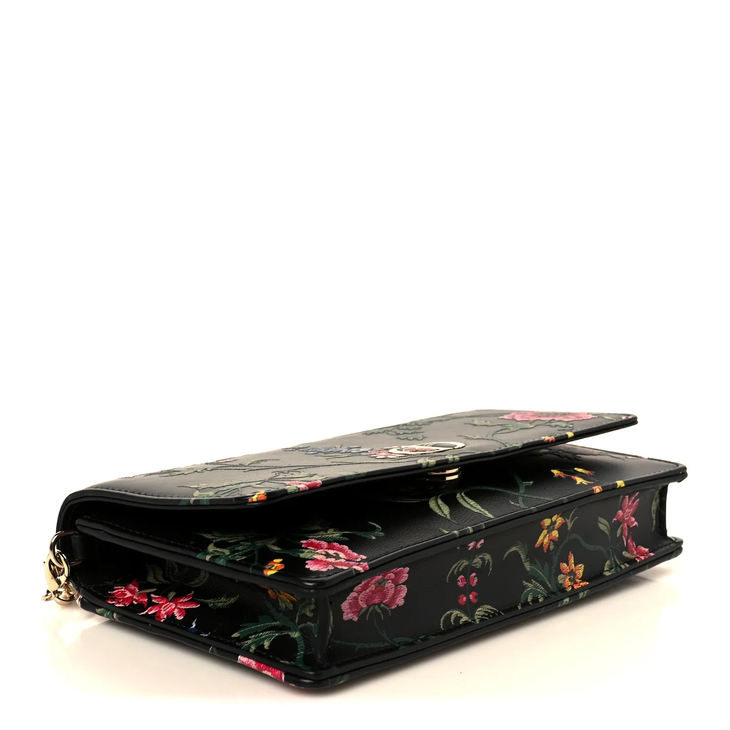 Calfskin Petites Fleurs Print Caro Pouch With Chain Black Multicolor - Image 4