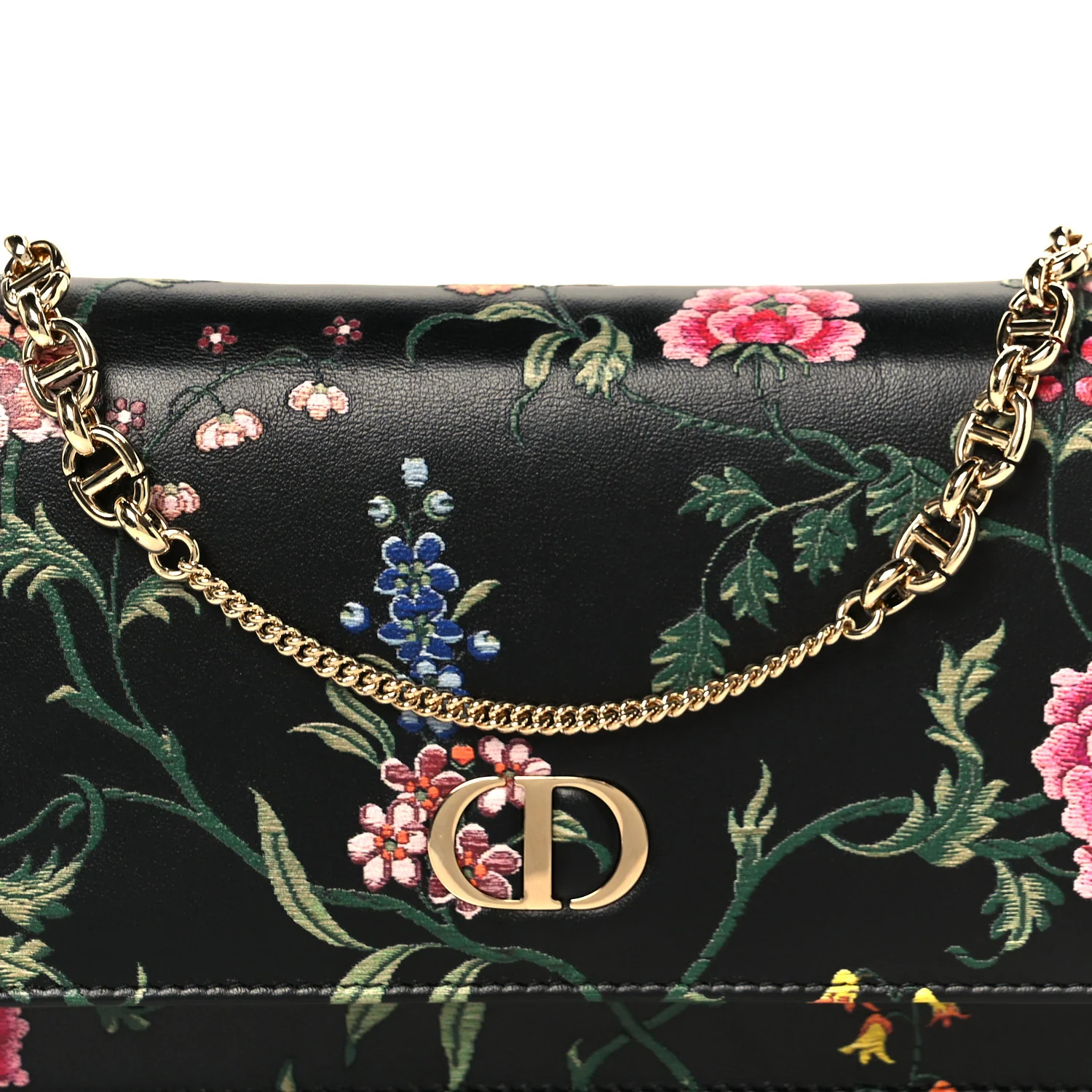 Calfskin Petites Fleurs Print Caro Pouch With Chain Black Multicolor - Image 8