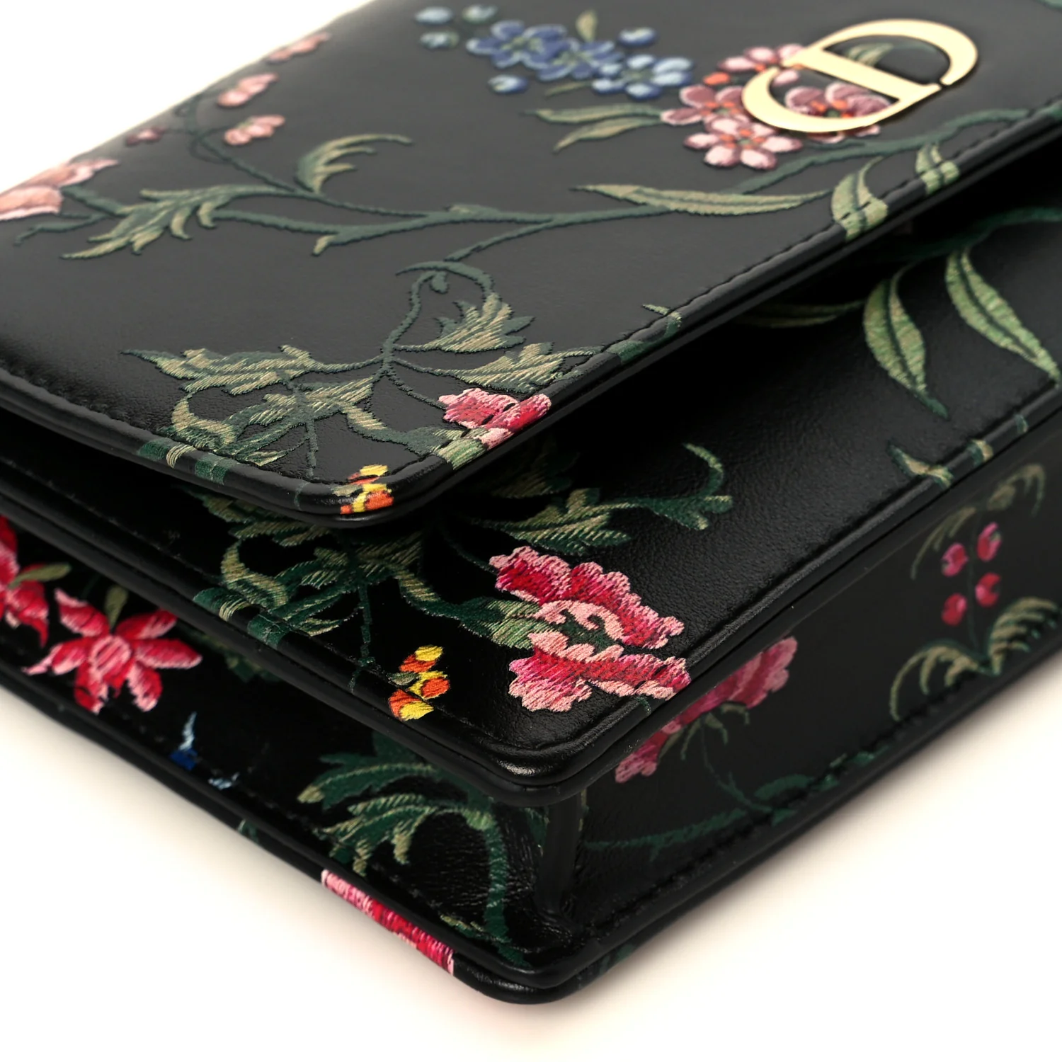 Calfskin Petites Fleurs Print Caro Pouch With Chain Black Multicolor - Image 9