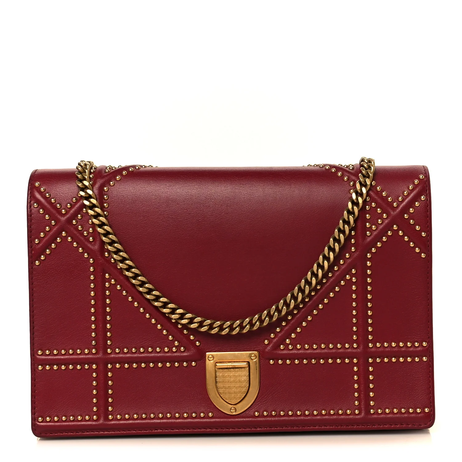 Calfskin Studded Diorama Wallet On Chain Burgundy