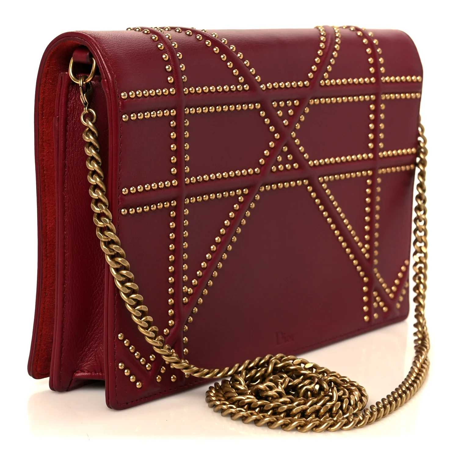 Calfskin Studded Diorama Wallet On Chain Burgundy - Image 3